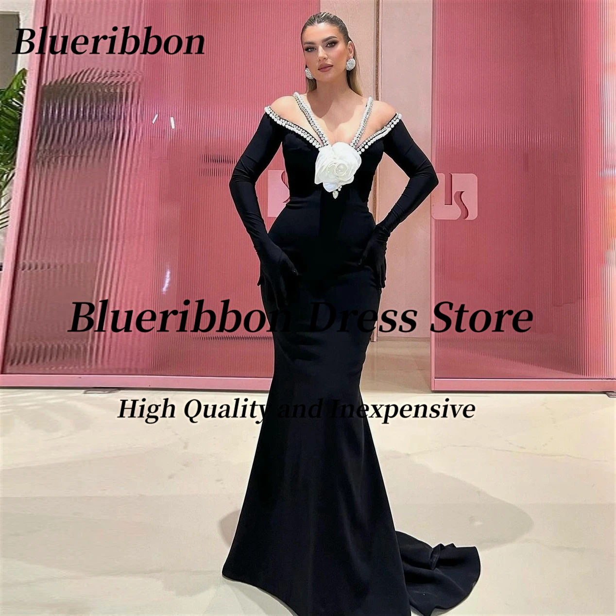 

Blueribbon Custom Made Beaded Neckline Prom Evening Dresses with Flower 2024 Modern Girls Wear Black Formal Banquet Party Gowns