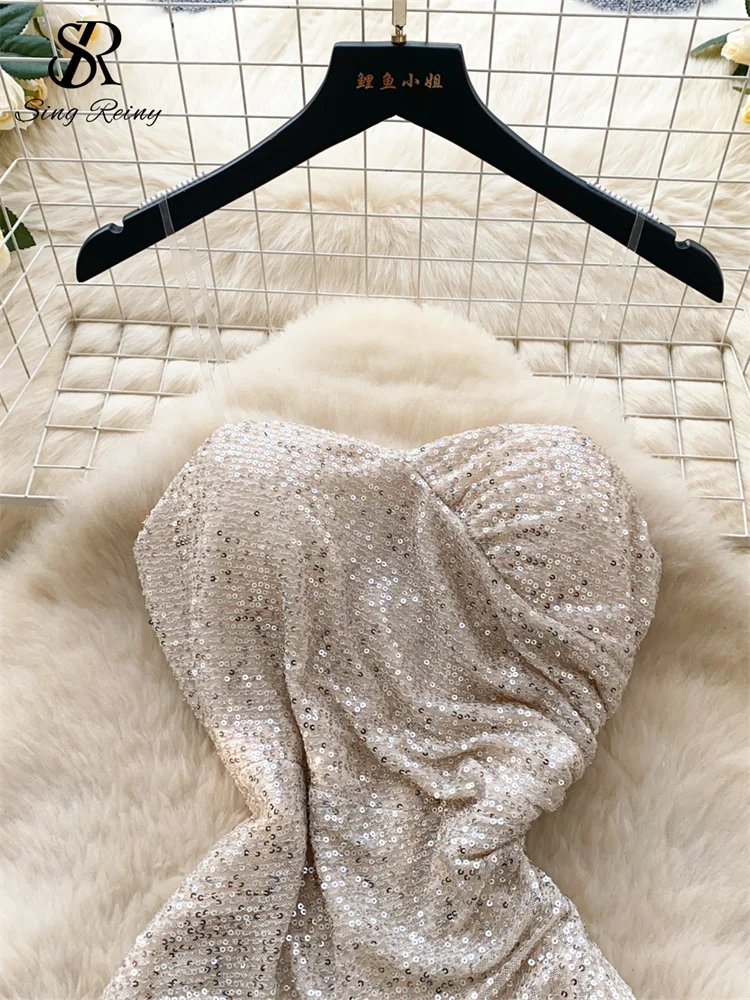 SINGREINY Senior Elegant Strap Dress Strapless Zipper Sequins Shinny Sundress Ruched Sheath Split Chic Women Evening Party Dress 3