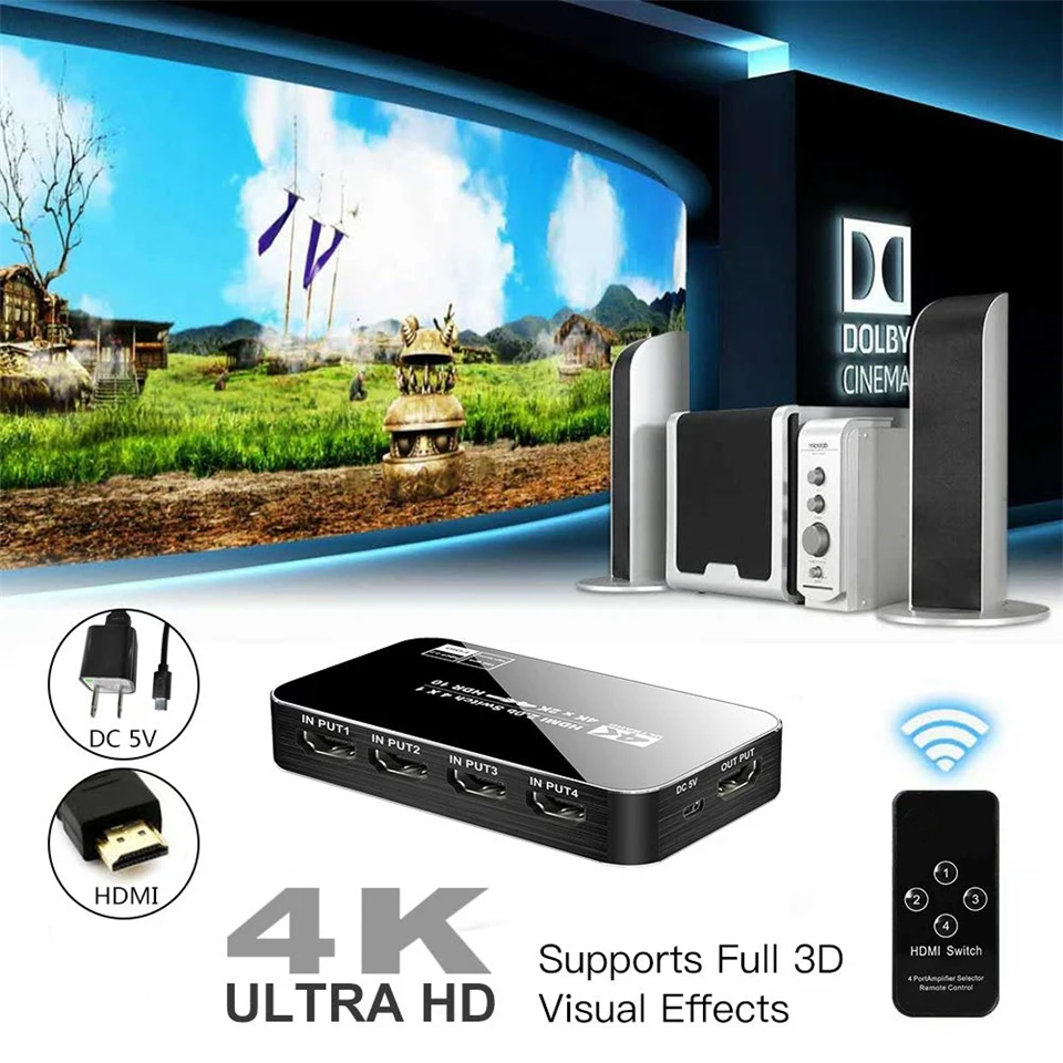 HDMI-compatible Switch 4K Switcher 4 In 1 Out Full HD 1080P Video Cable Splitter