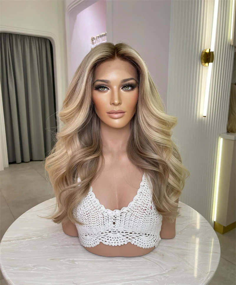 Long Loose Wave Ombre Blonde 3T Ash Brown Blond Synthetic Lace Front Wigs Dark Roots Synthetic Mixed with REal Human Hair Wigs
