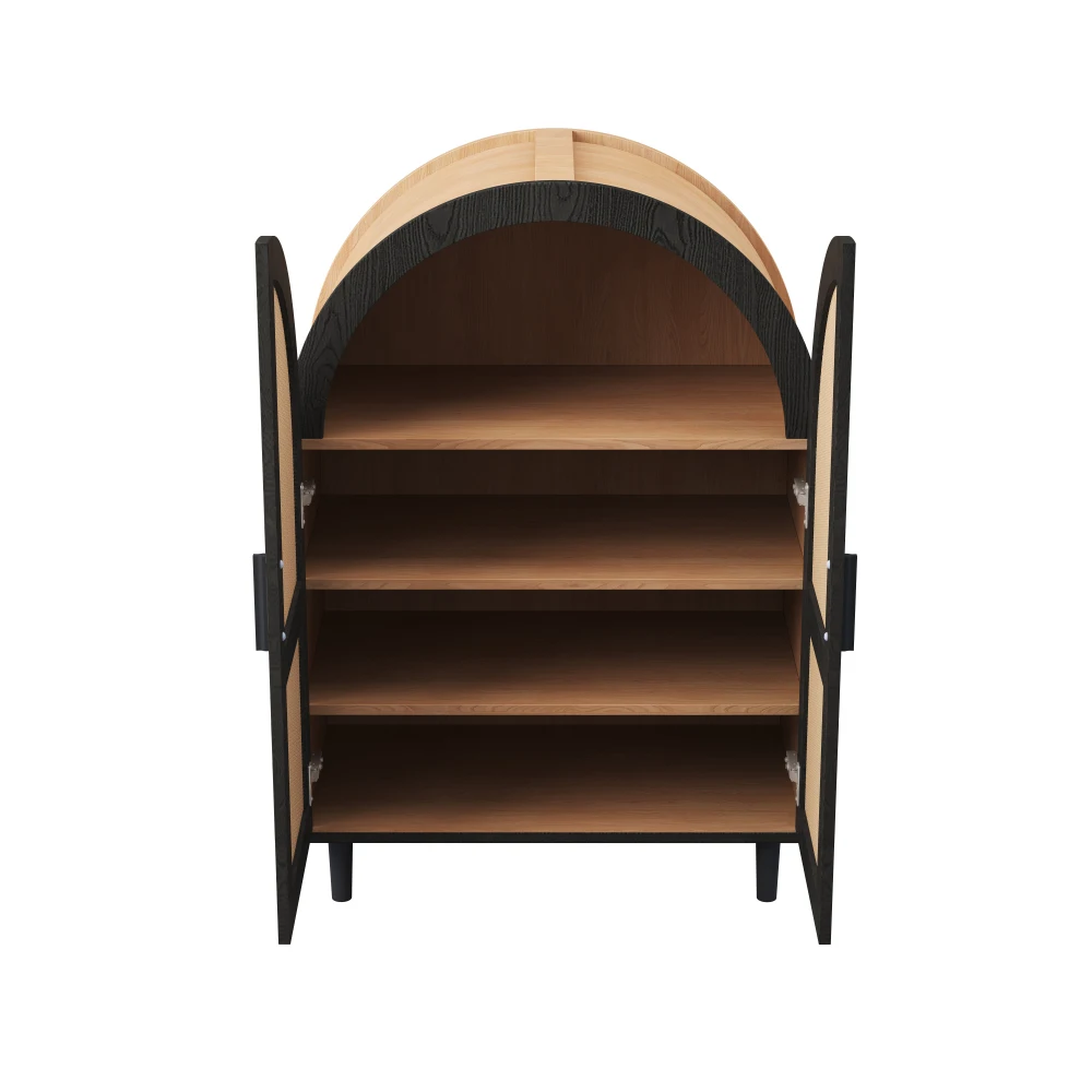 Modernes, elegantes Sideboard/Schuhschrank mit abgerundeten Außentüren, gebrochenen Rattantüren und drei Regalen, geeignet für das Wohnzimmer zu Hause – Detail 12