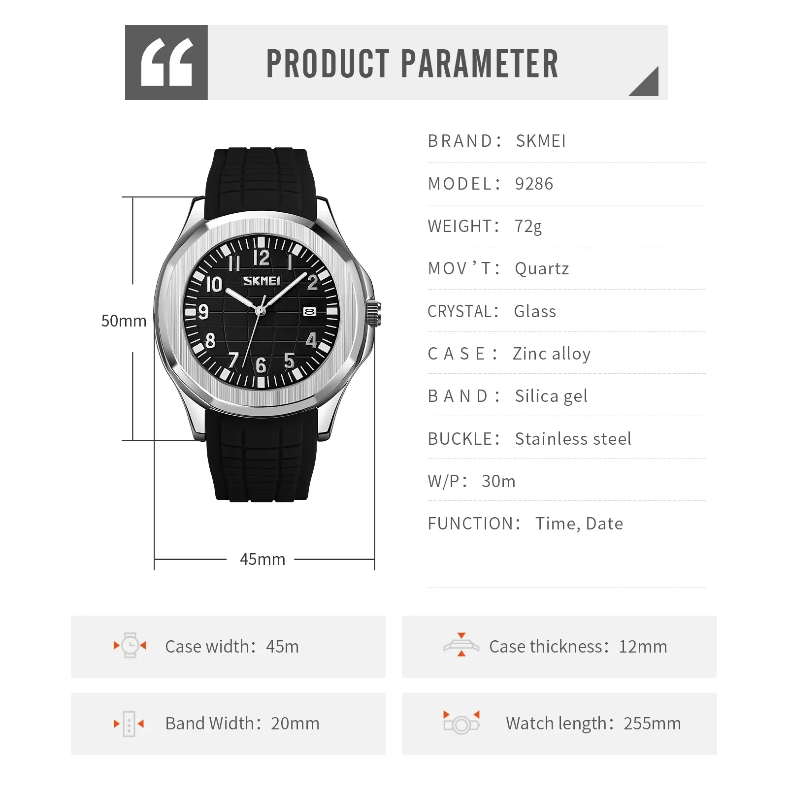 SKMEI 9286 Mens Sports Watches Casual Waterproof Date Display Watch for Men Quartz Movement Wristwatches Clock Relogio Masculino