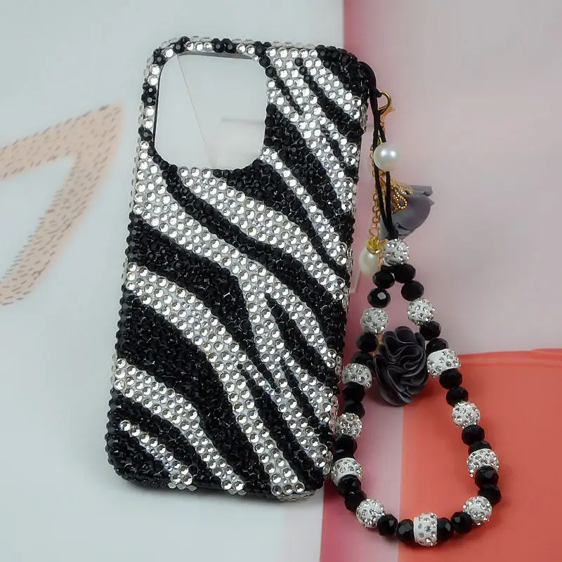 Phone Case for Samsung Galaxy S24 Ultra A15 A35 A55 A54 A13 S23 S22 S21 FE Black and White Zebra Print Rhinestone Back Cover