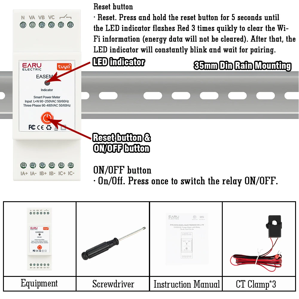 TUYA WiFi Smart Three Phase AC90-480V Bi-Directional Measurement Power Energy kW