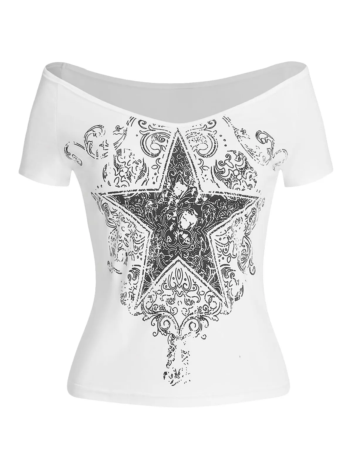 

Y2k Women's Casual Streetwear Graphic Tees Crop Tops Star Print Off Shoulder Short Sleeve T Shirts