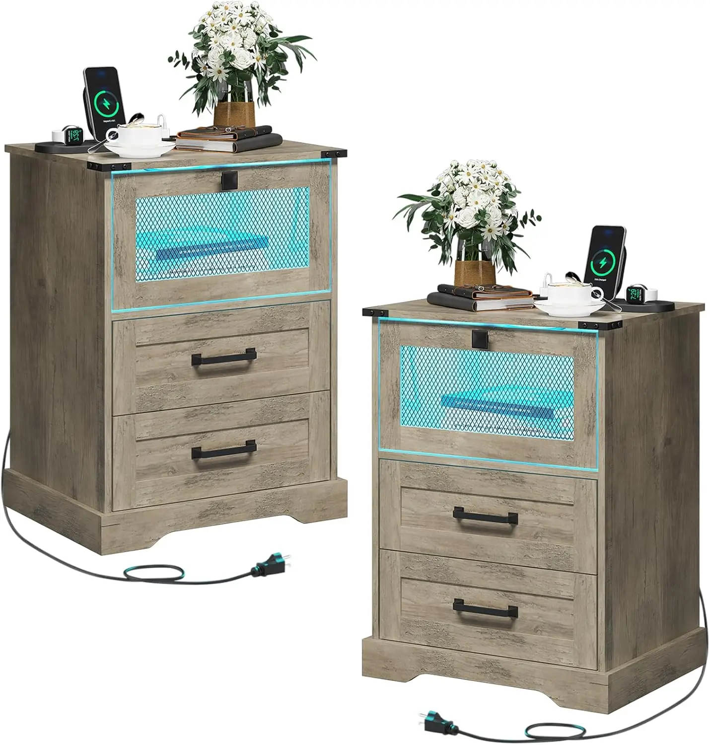 Rustic Oak Farmhouse Nightstand Set of 2 with LED Lights, Charging Station & Cubby Bedroom Furniture Storage Organizer