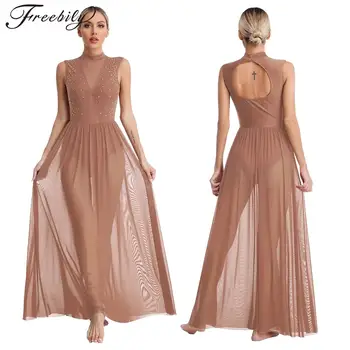Womens Modern Lyrical Dance Dress Ballet Gymnastics Performance Dancewear Sleeveless Sheer Mesh Rhinestone Maxi Leotard Dresses