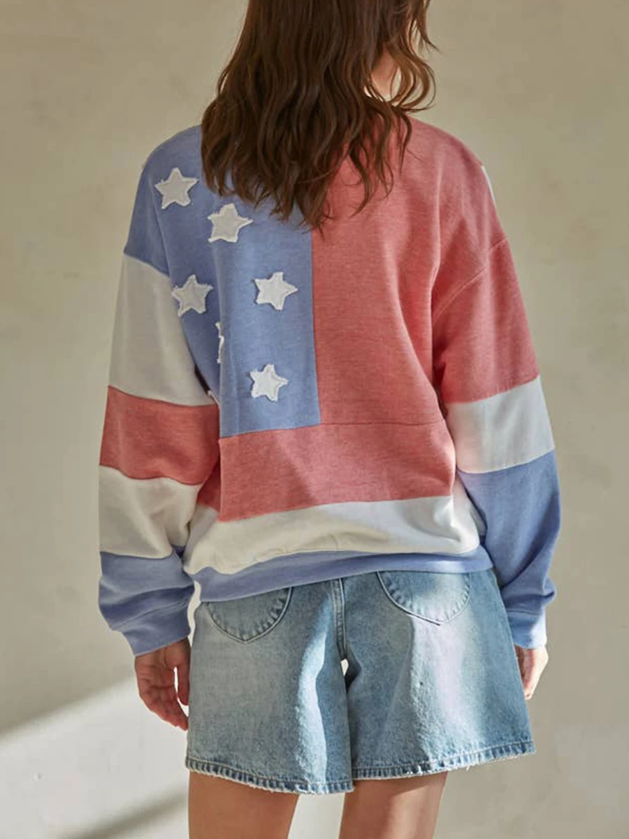 Women s Long Sleeve Shirt with Star and Stripe Print Loose Fit Basic Top Blouse for Casual Club Streetwear Aesthetic Fashion