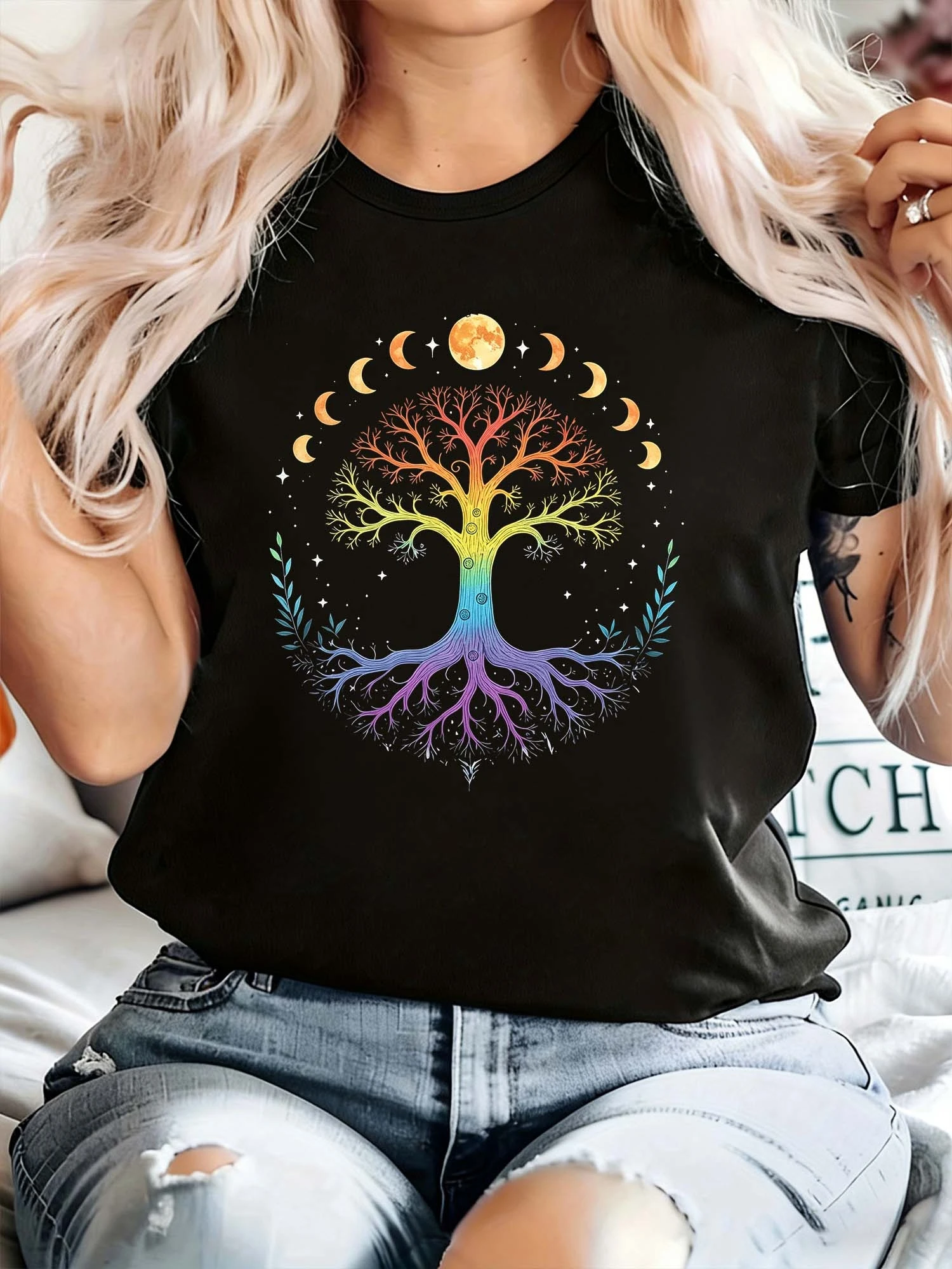 Casual Black Short Sleeve Graphic T-shirt with Gradient Tree of Life Moon Phases Print