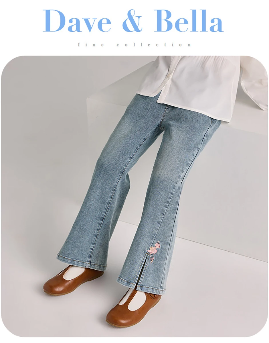 ديف بيلا الربيع الفتاة التطريز السراويل موضة عادية مرونة الخصر Bootcut الجينز بنطلون أطفال مضيئة حفلة رسمية DK1260340
