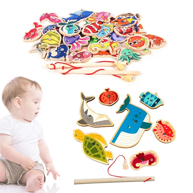 Magnetic Fishing Game Cartoon Marine Life Cognition Fish Rod Early Education Parent-child Interactive Wooden Toys For Children 1