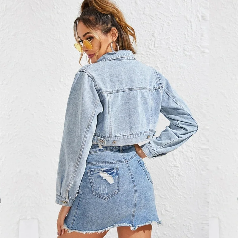Women's denim jacket - fashionable lapel, ultra short, washed blue jacket, high-quality