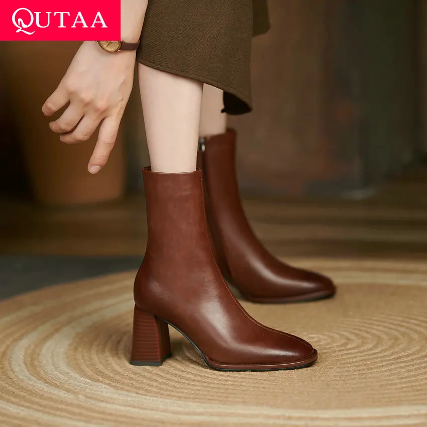 Qutaa 2022 Ronde Neus Herfst Winter Enkellaars Koe Lederen Rits Mode  Vrouwen Schoenen Vierkante Hak Motorlaarzen Maat 34 42|Enkellaars| -  AliExpress