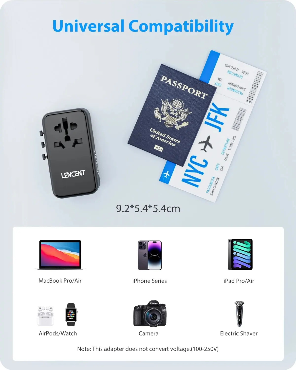 120W GaN International Travel Adapter Fast Charger 1 USB Port 3 Type C All-in-one for Travel LENCENT