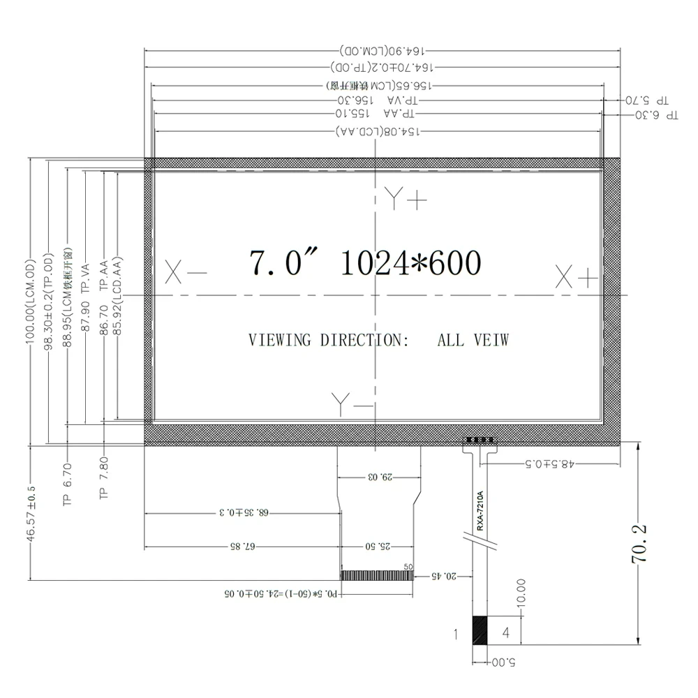TFT-Anzeigemodule, 500 Leuchtdichte, 1024 x 600 IPS, vollständiger Blickwinkel, 7 Zoll, 10,1 Zoll, kapazitiver Touchscreen – Detail 6