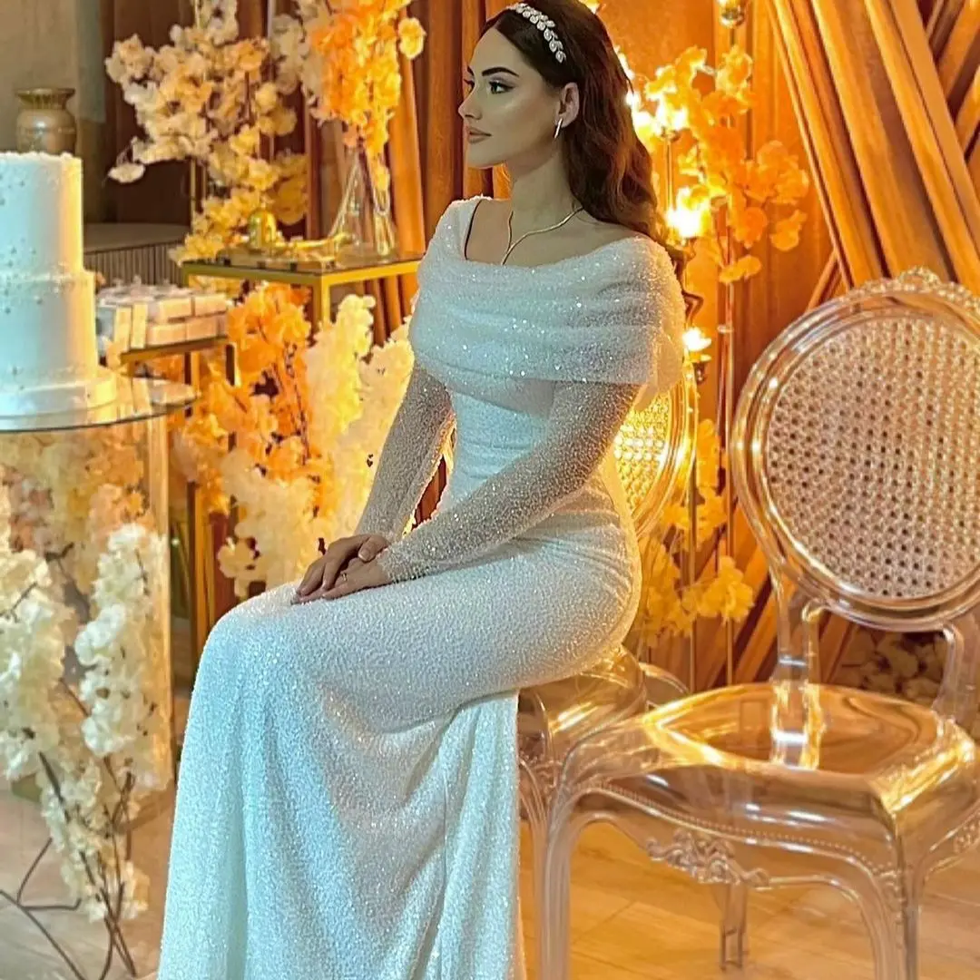 

FATAPAESE Sparking Wedding Dress with Shiny Crystal Stones Off Shoulder Neckline Long Sleeve Featured Beads Pearls فساتين مناسبة