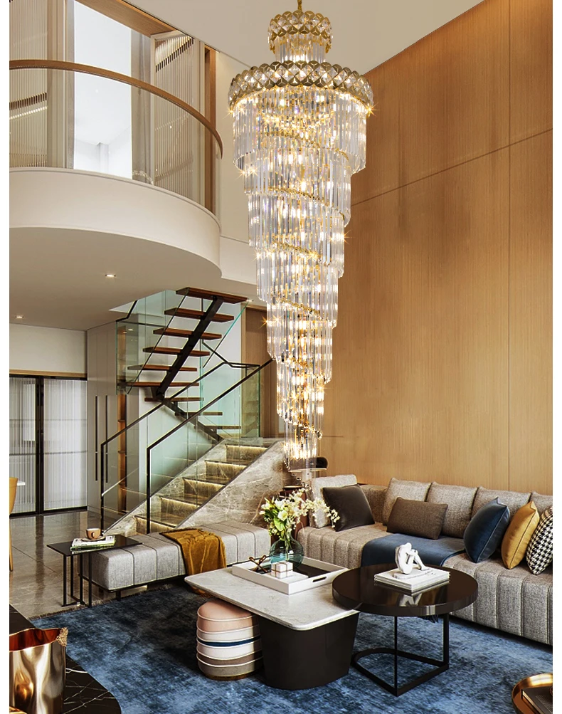 Modern Luxury Stairs Large Crystal Chandeliers Hanging Lamp Villa Hotel Lobby Loft Living Room Decor Rotating Long Pendant Light