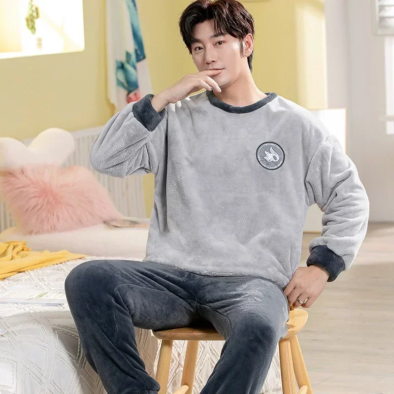2023 Winter Long Sleeve Thick Warm Flannel Pajama Sets for Men Korean Loose Coral Velvet Sleepwear Pyjamas Homewear Home Clothes