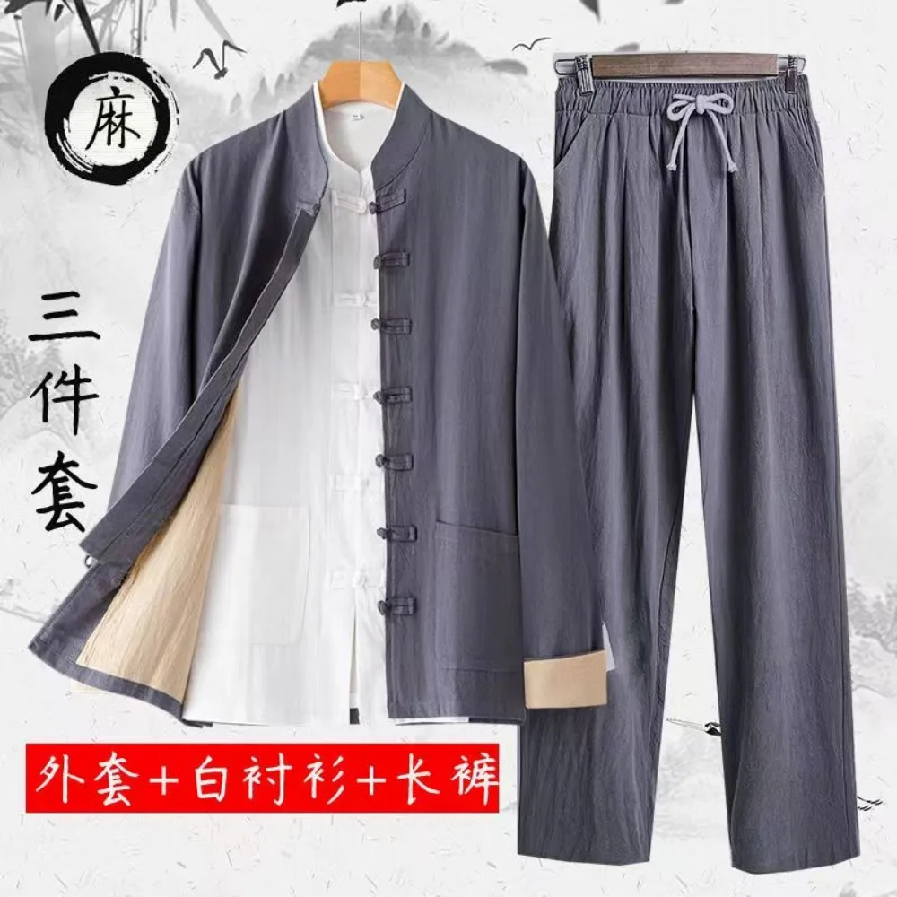 Autumn Chinese Style Clothes Men National Style Linen Tang Suit Mens Mandarin Clothes