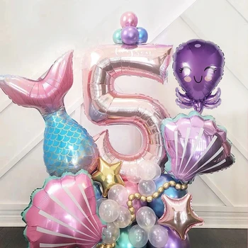 인어 꼬리 풍선, 로즈 골드 넘버 호일 풍선, 어린이 생일 파티 장식, 인어 파티 글로보, 1, 2, 3, 4, 5, 6, 7, 8, 9