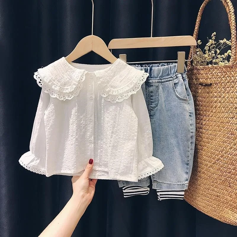 여아용 얇은 섹션 셔츠, 통기성 화이트 셔츠, 가디건, 캐주얼 긴팔 상의, 여아 의류, 용수철 및 가을