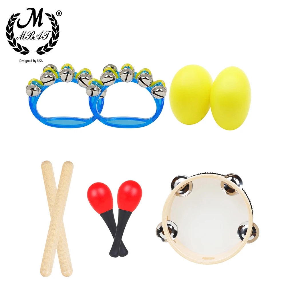 M MBAT 5Pcs Set Orff Instrument Set 6 Inch Black Lamb Chop Tambourine Sand Egg Rhythm Stick Children's Percussion Instrument