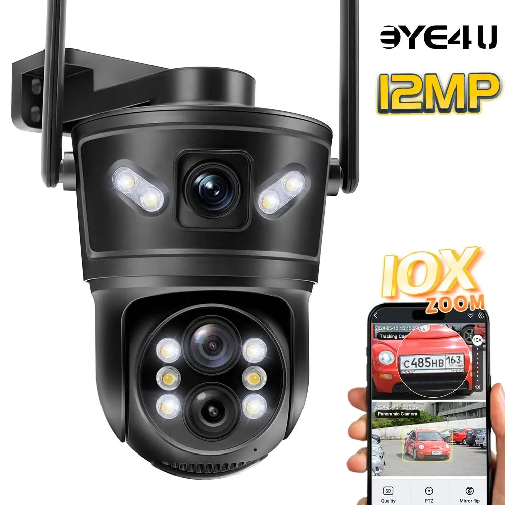 Câmera de Vigilância PTZ Externa, Rastreamento Automático, Proteção de Segurança, WiFi, 3 Lentes, Tela Dupla, Zoom 10x, 6K, IP HD 12MP, 4K