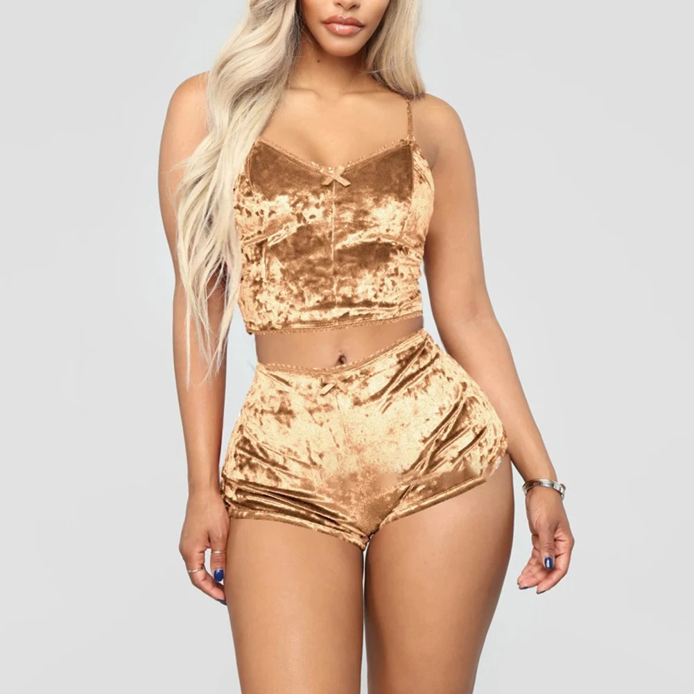 Frauen Sexy Dessous Set Öl Glänzende Nachtwäsche Super Weiche Kurze Nachtwäsche Ärmel Crop Tops Solide Shorts Pyjamas Set Casual Wear – Detail 13