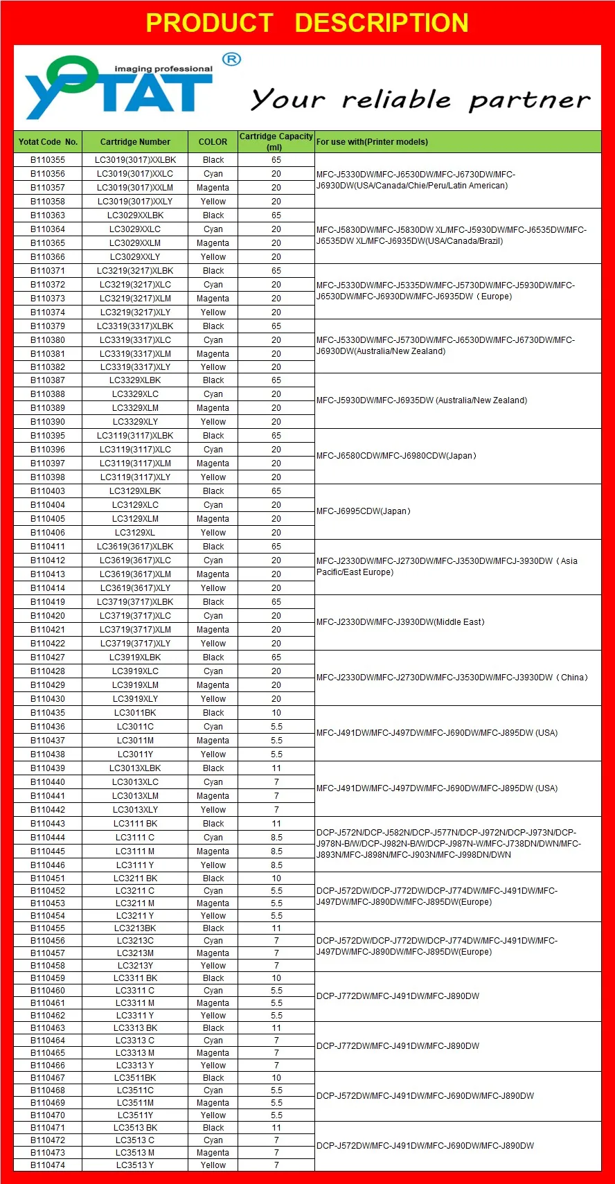 Пигментные чернила YOTAT 4 × 100 мл для Brother LC3017 LC3019 LC3029XL LC3117 LC3119 LC3129XL LC3217 LC3219 LC3317 LC3319 LC3329XL LC3617 (art.: 3920c72e78bbf) - 3920c72e78bbf