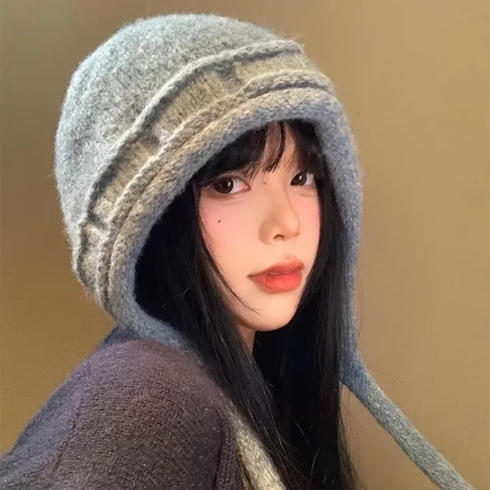 Warm Knitted Cap Winter Anti-cold Thickened Bomber Hat Fashionable Ear Protection Windproof Women Pullover Ear Flap Cap