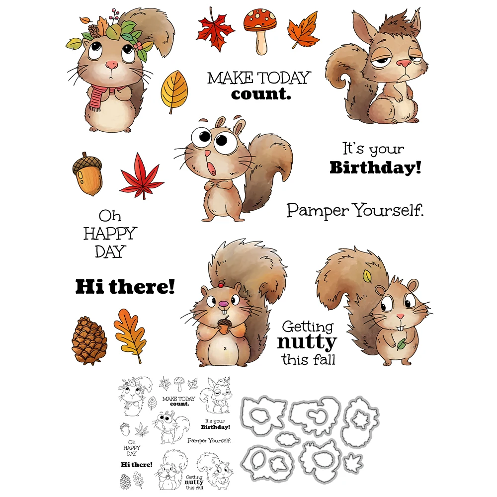 Squirrel Harvest Stamps & Dies Set - Silicone Clear Stamps With Metal Cutting Dies For Card Making