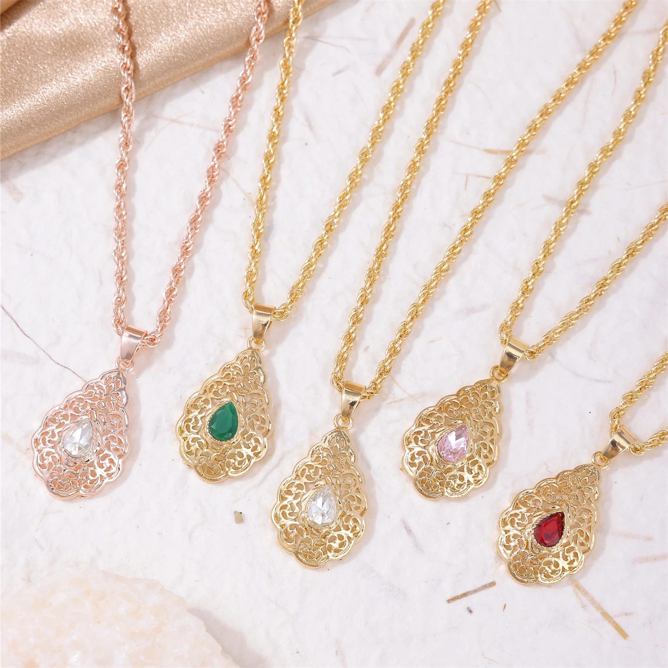Bridal Jewelry Sets Golden Algerian Classic Wedding Necklace Drop Shape Crystal Pendant