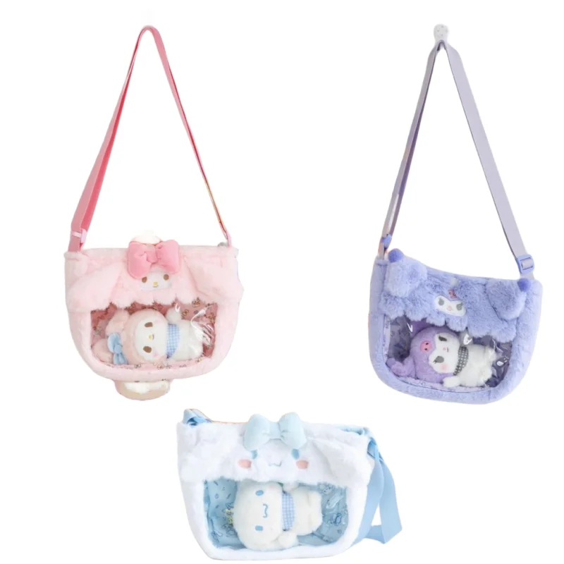 

Sanrio cute Kuromi My melody Cinnamoroll kawaii creative transparent pvc jelly bag large capacity plush doll messenger bag