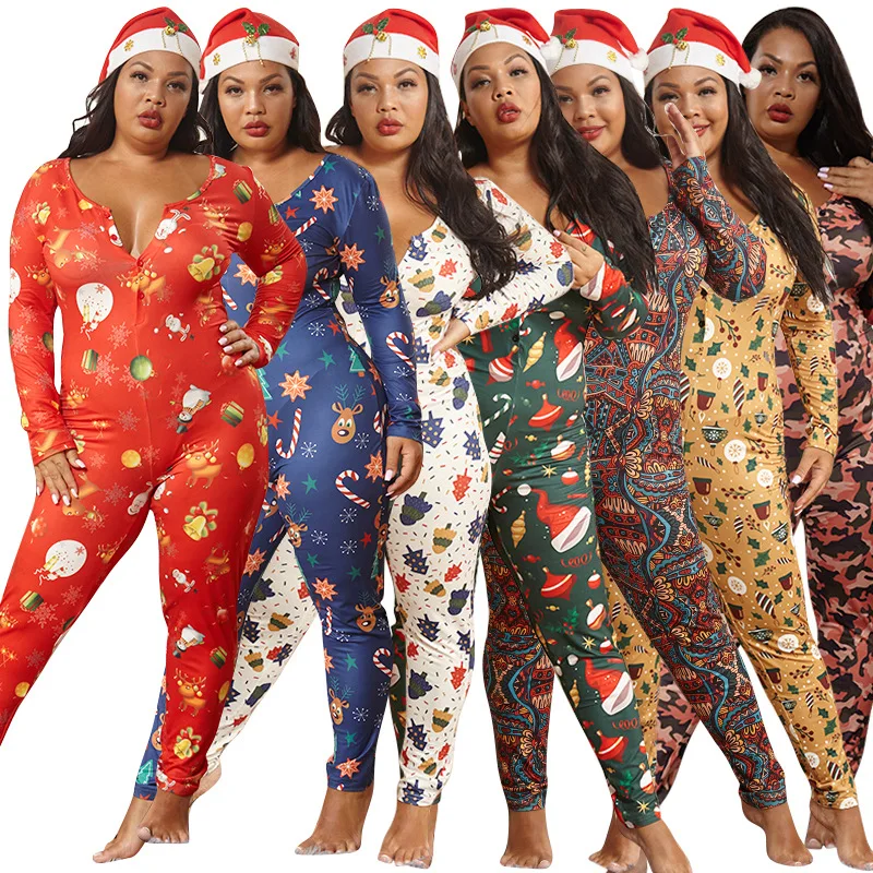 

MCLAOSI 2021 Christmas Pajamas Tight Stretch Knitted Jumpsuit Women's Jumpsuit Sleepwear Onesie Sexy Lingerie Plus Size Bodysuit