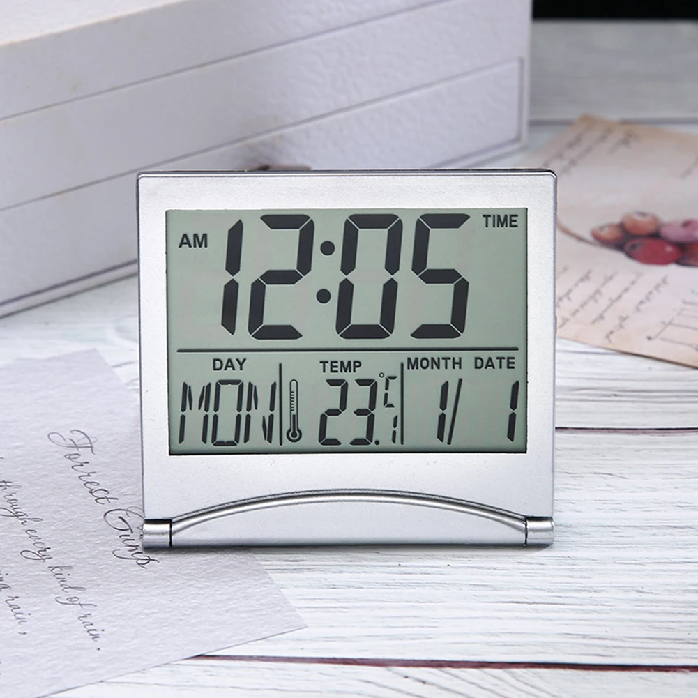 Folding Alarm Clock LCD Digital Home Clocks Thermometer Timer Desk Mini Calender 