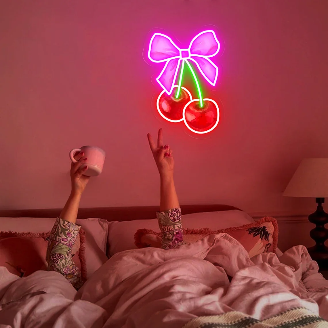 Coquette Cherry Bow Neon Sign Cherry sign Feminine Coquette Pink Bow Soft Girl Bedroom Decor Ribbon Trendy Wall Art