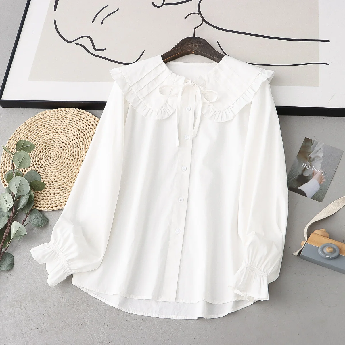 

Japanese Sweet Lolita 100% Cotton Blouses Mori Girl Peter Pan Collar Bow Solid White Blouse Jk Shirts Women Long Sleeve Tops