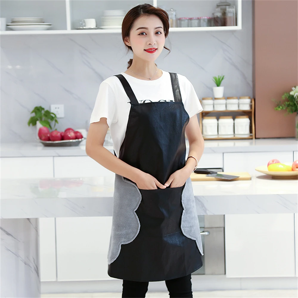 

PVC Leather Apron Wipable Hand Household Kitchen Waterproof Oil Resistant Covering Clothes Women's Cooking Apron Work Clothes