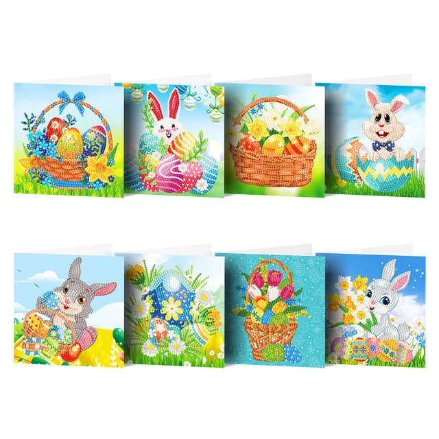 Exquisite DIY Diamond Painting Greeting Card 8 Pieces Easter Bunny Card Handmade Mosaic Diamond Embroidered Greeting Card Gift 