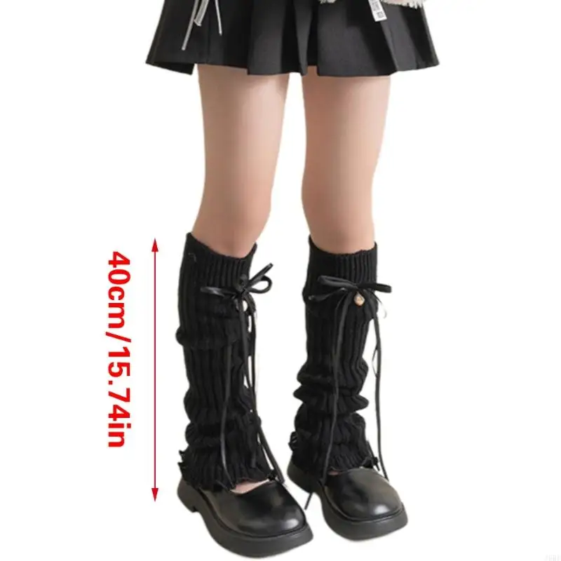 J6BE Knitted Warm Foot Cover Breathable Leg Warmer with Bells and Ribbons Decorations