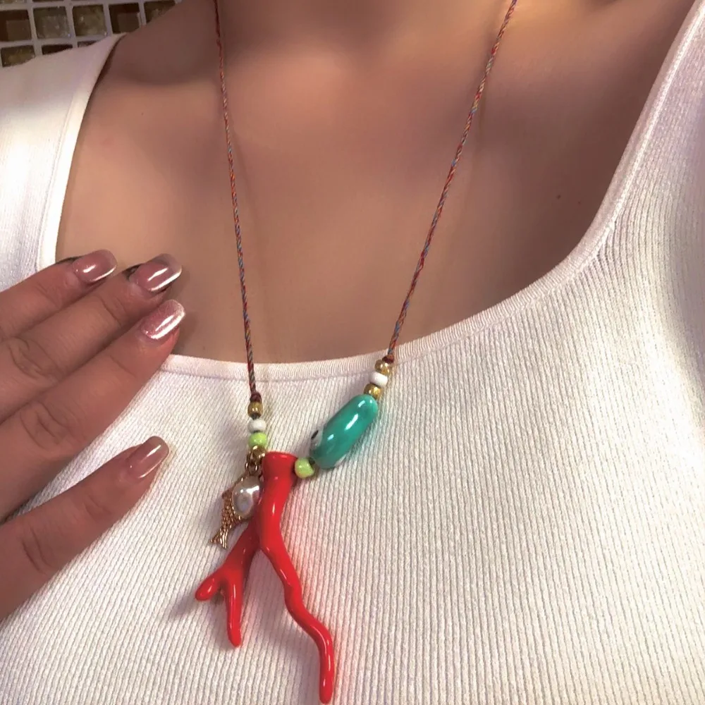 Bohemia Ocean Imitation Coral Glass Fish Pendant Necklace Multi-color Braided Rope Adjustable Women's Choker Party Jewelry Gifts