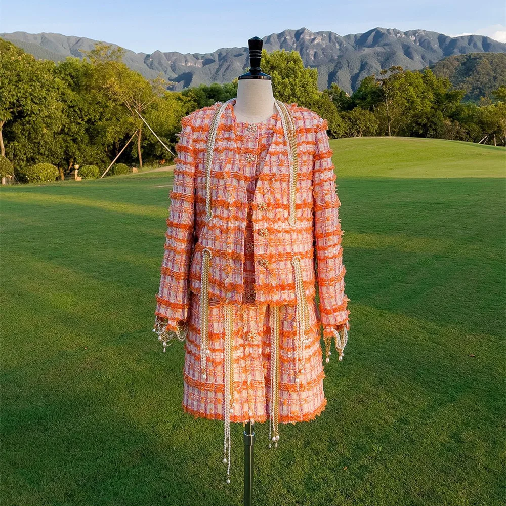 

2022 Autumn Women's High Quality Designer Pearl-Chain Plaid Tweed Jackets + Elegant Pearls-belt Dress B474