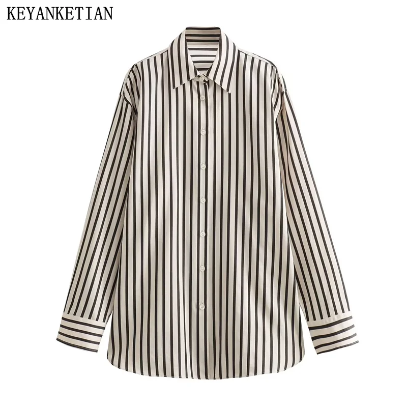 

Осенняя новинка, Женская Классическая рубашка KEYANKETIAN в полоску, однобортная блузка с отложным воротником и длинным рукавом, топы