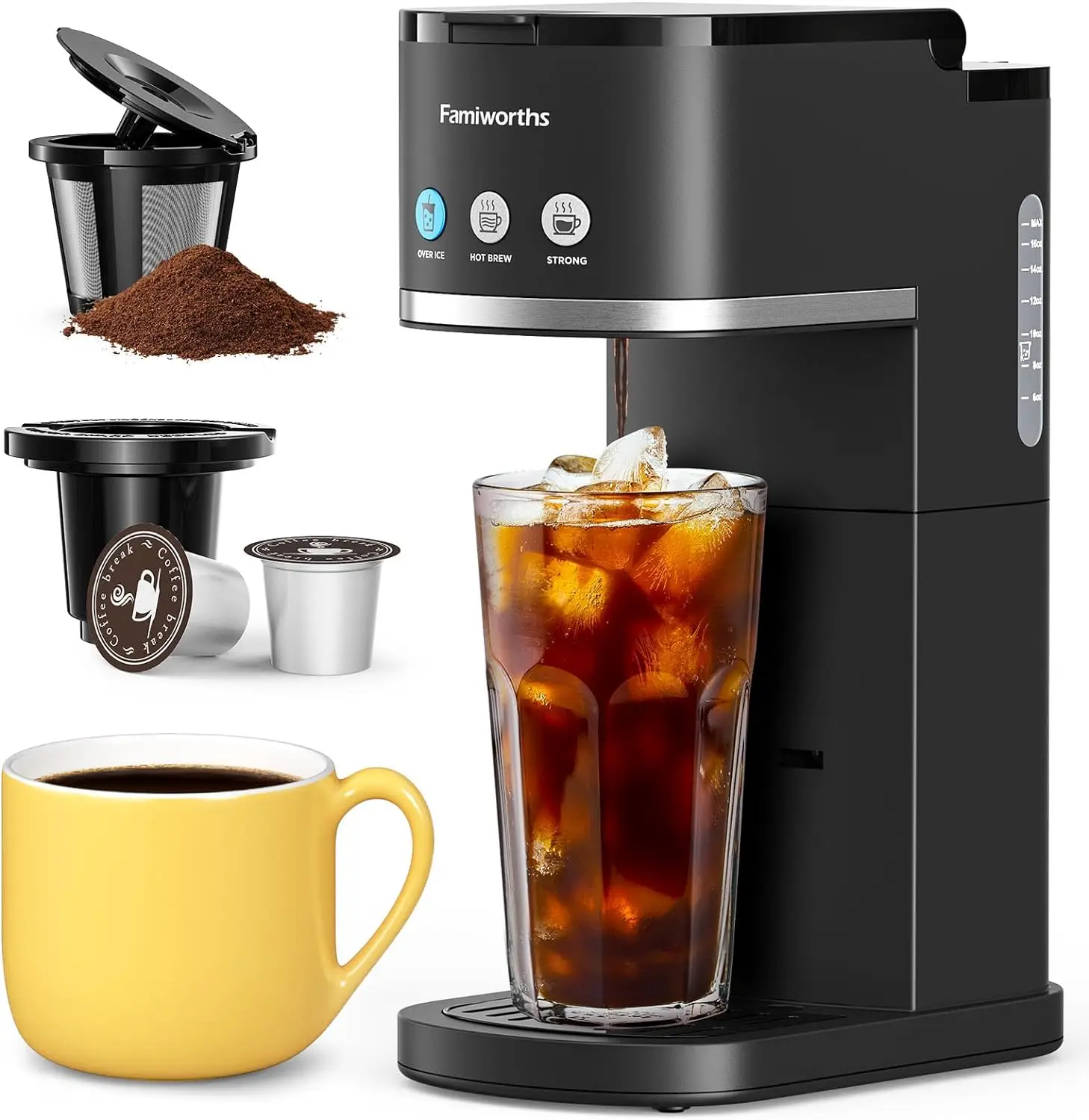 

Famiworths Single Serve Coffee Maker, Iced and Hot Coffee Machine for K Cup & Ground Coffee, 6 to 16 Oz Brew Sizes, Fit 8-inch T