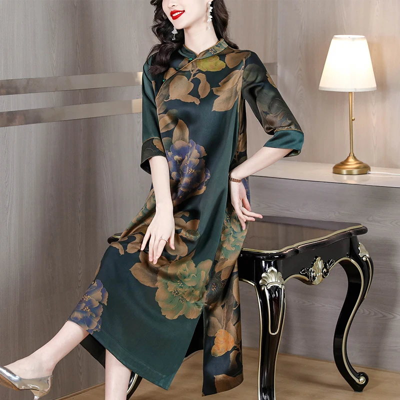 Women Black Print Natural Silk Midi Dress Summer Short Sleeve Elegant Loose  Casaul Dress 2024 Korean Vintage Hepburn Vestidos - AliExpress 200000345