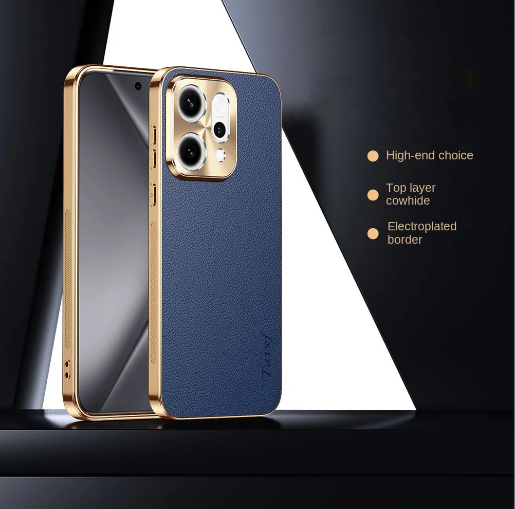 Cowhide Lychee Texture Electroplated Frame Case with Lens Protection