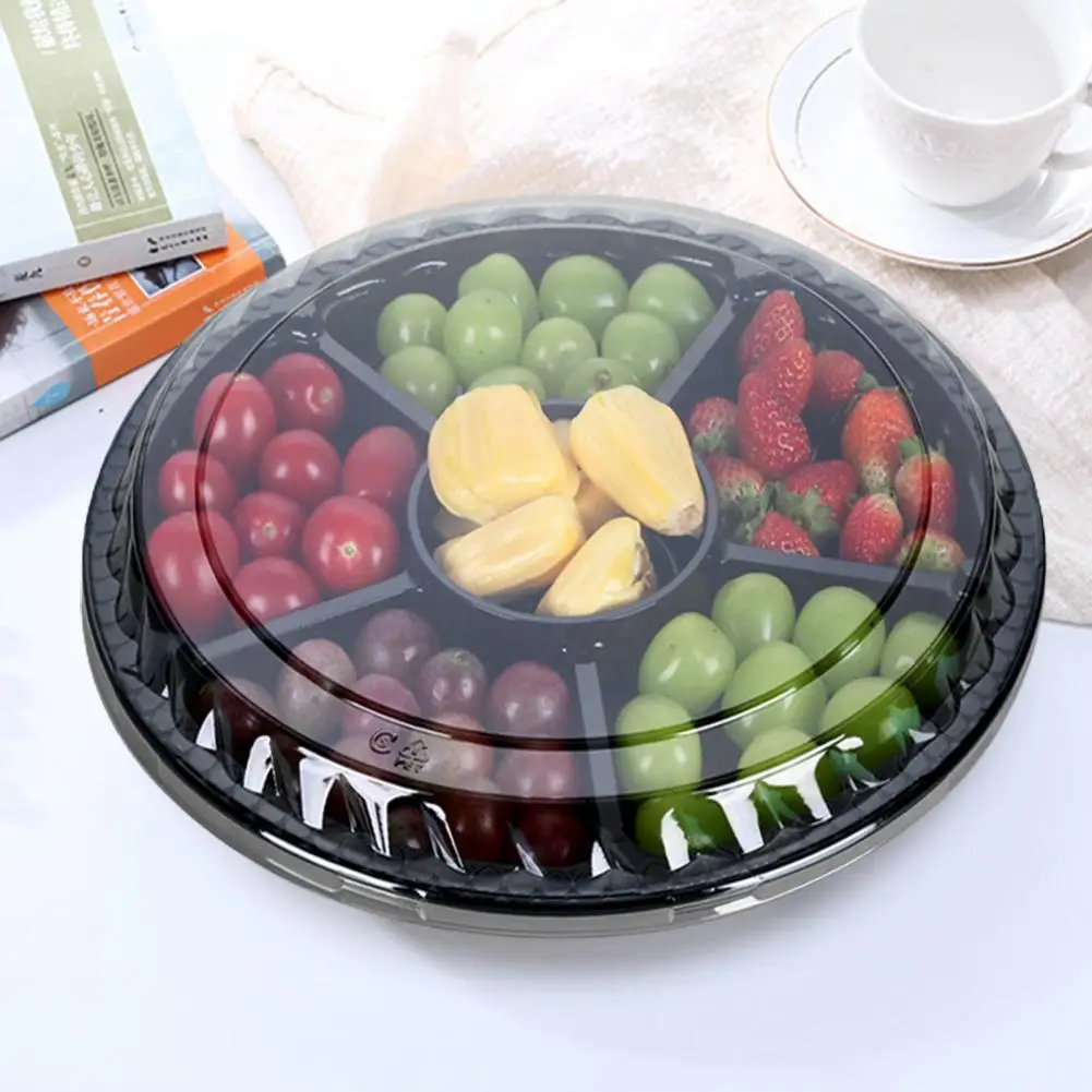 Plastic Tray with Compartments Disposable Round Plastic Fruit Veggie Serving Trays with Lid 6 Compartment Food Storage for Party