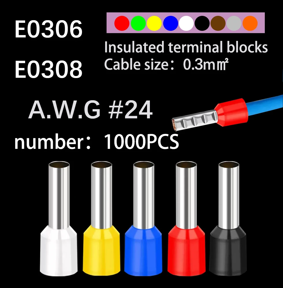 Isolados Vérulas Terminal Bloco Cord End Wire Connector Exterminador de Crimp Elétrico 1000 Pcs por Pacote E0306 E0308 E0310
