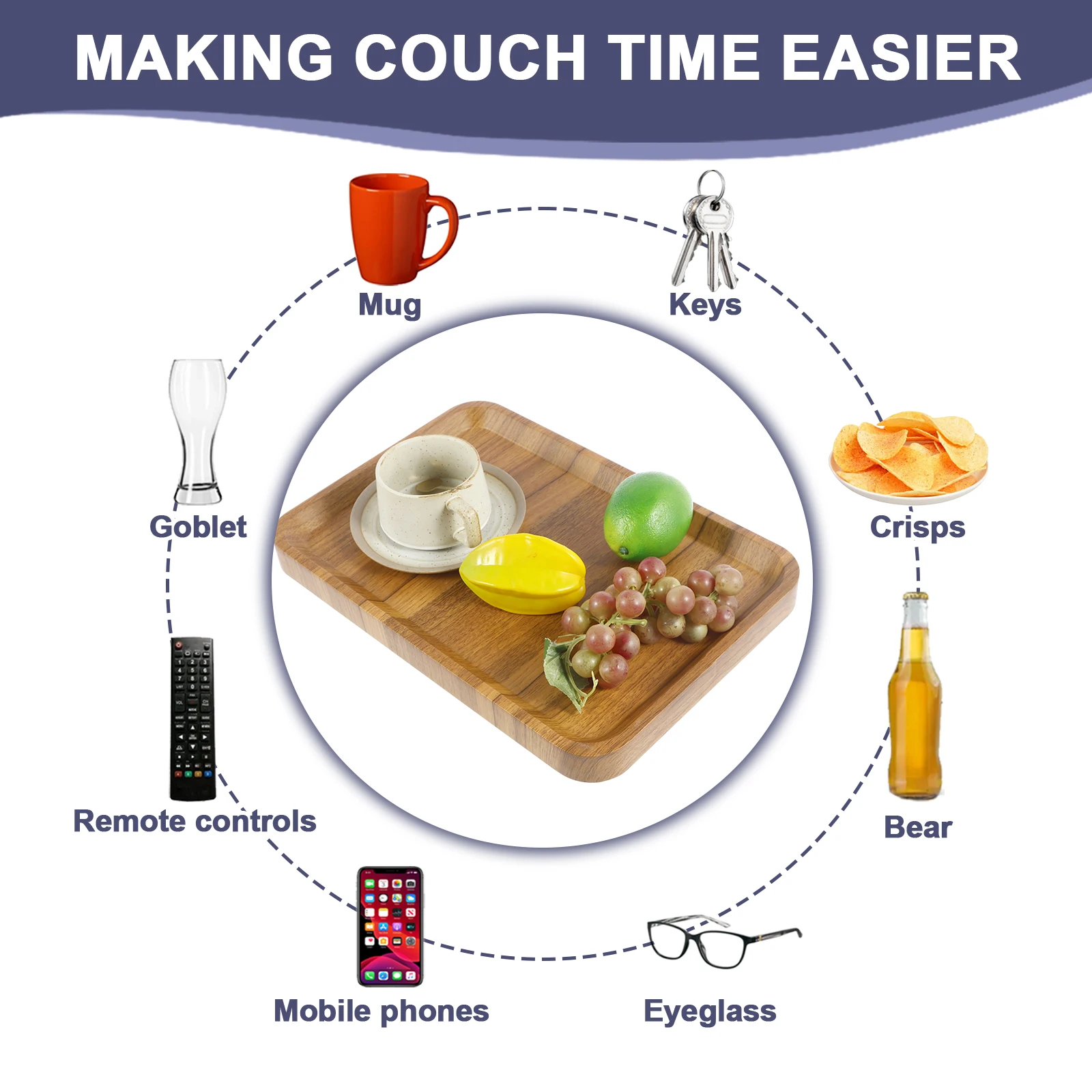 Sofa Armrest Wood Tray 5.5-15cm Width Adjustable Couch Arm Table Multifunctional Arm Chair Table Tray for Drinks Snacks Fruit