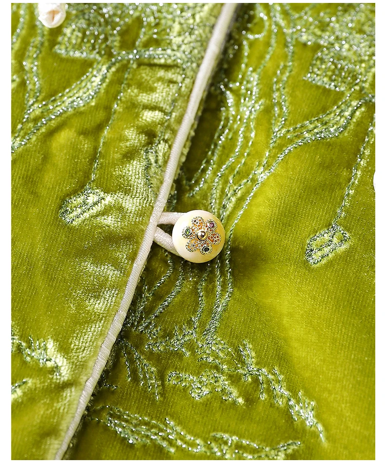 Winter Green High end Silk+Velvet Cotton Clothes Women's Retro Chinese Style Silver Thread Embroidered New Cotton Jackets S-XL